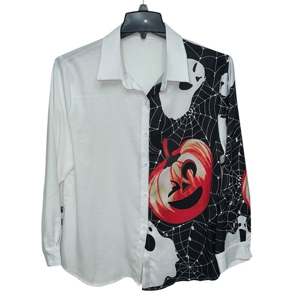 Tops - Halloween Button-Up Shirt Women's Size XL Long Sleeve Pumpkin Ghost Print